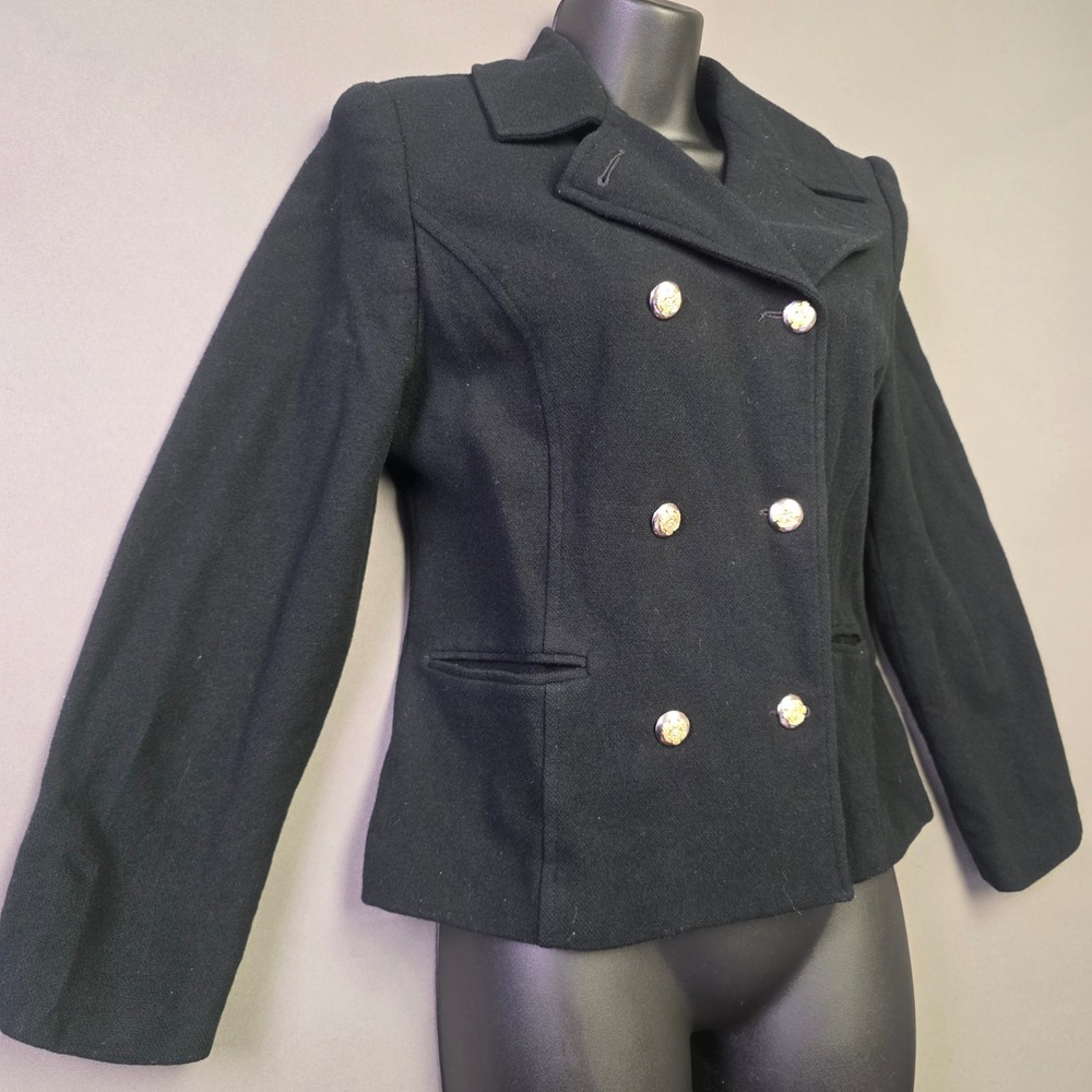 Susan Bristol Black Lambswool Pea Coat Double Breasted Gold Crest Buttons 10